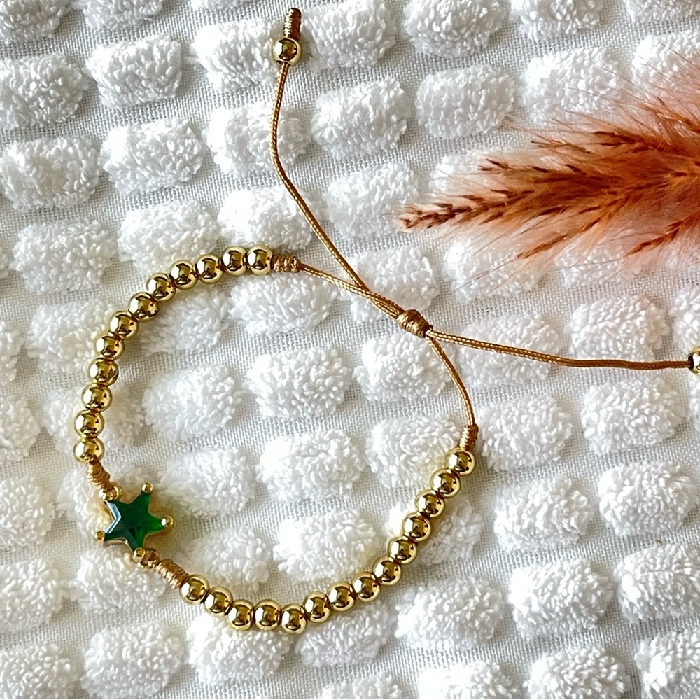 Gold Plated Bead Bracelet + Green star, Gold Ball Bracelet for  Women and girls
